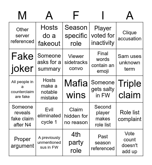 MAFIA BINGO!!!! Bingo Card