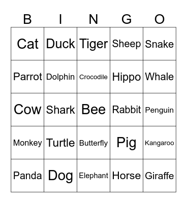 Animals Bingo Card