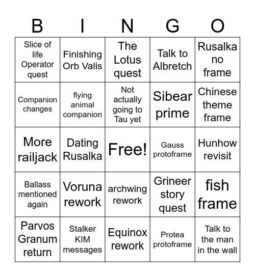 Warframe 2026 Bingo Card
