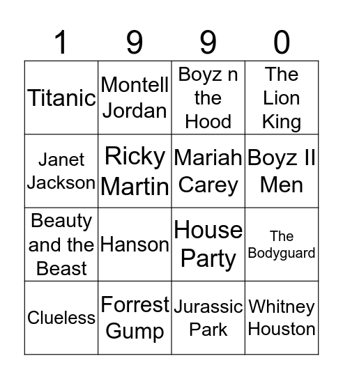 90's Greatest Hits Bingo Card