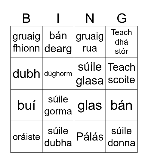 Gaeilge Bingo Card