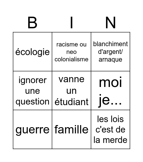 notre prof Bingo Card