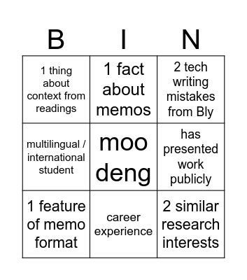 Meeting Colleagues Bingo Card