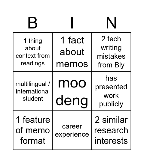 Meeting Colleagues Bingo Card