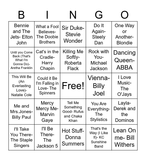 70's Music Bingo Card