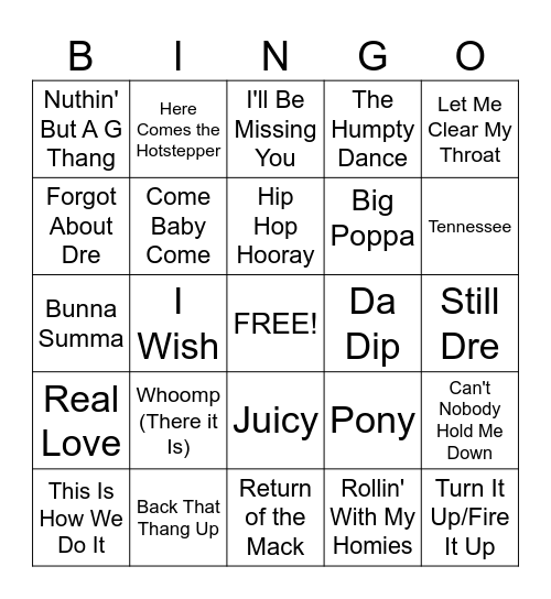 '90s Hip Hop R&B Bingo Card