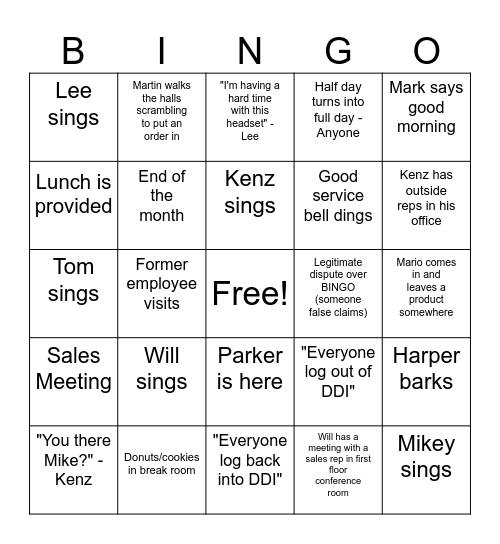 office bingo 1/9 8:40am Bingo Card