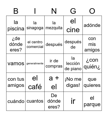 Spanish 1 - capítulo 4A vocabulario Bingo Card