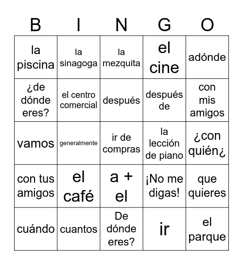 Spanish 1 - capítulo 4A vocabulario Bingo Card