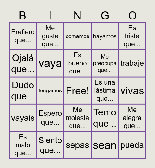 Subjuntivo con emociones Bingo Card