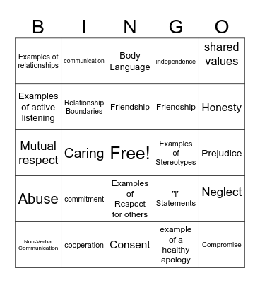 Relationship Terminology Bingo Card Bingo Card