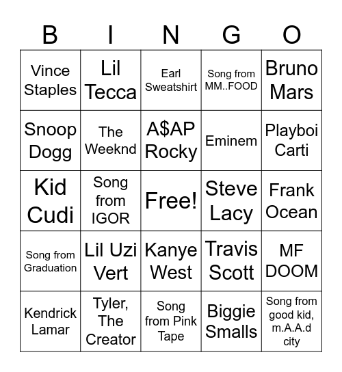 spotify dj bingo Card