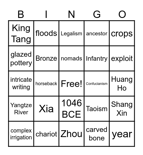 Shang Dynasty Bingo Card