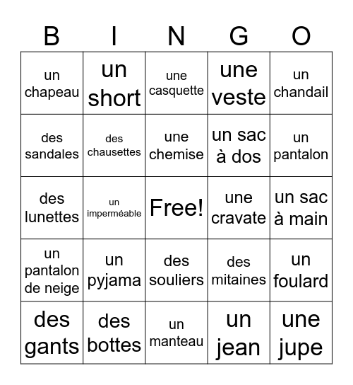 Les vêtements Bingo Card