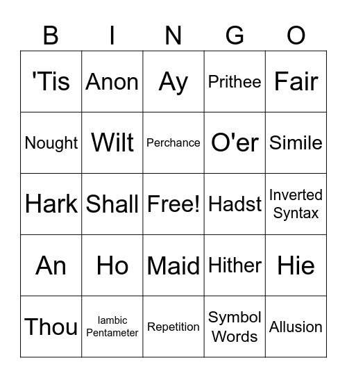 Shakespeares Language Bingo Card