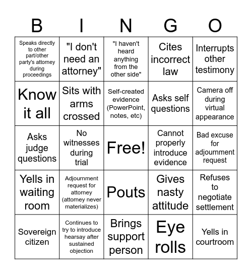 Pro Se Litigant Bingo Card