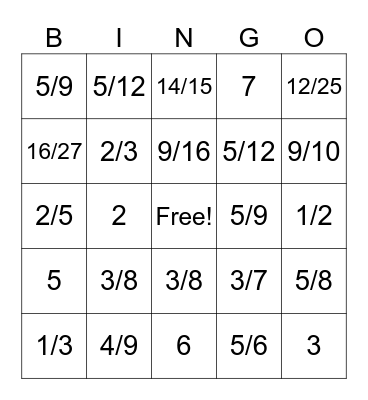 Fraction Divison Bingo Card