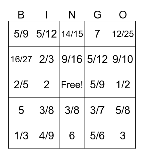 Fraction Divison Bingo Card