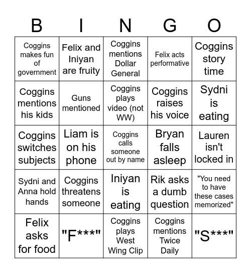 Coggins Bingo Card