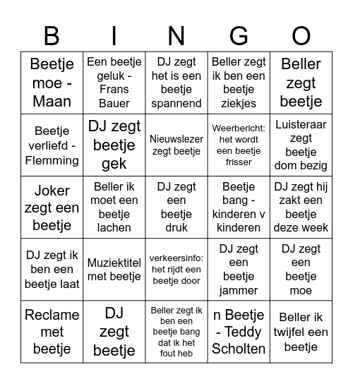 Qmusic verbodenwoord BEETJE Bingo Card