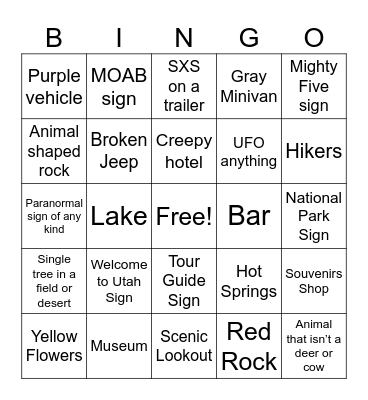 Utah Bingo Card
