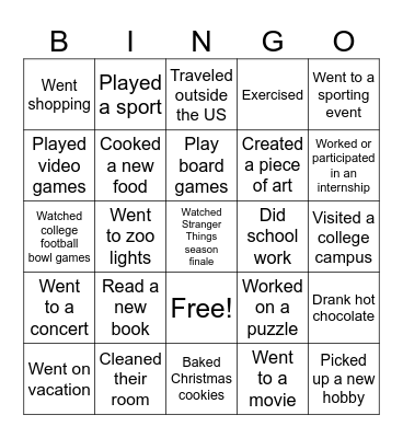 Winter Break Bingo Card