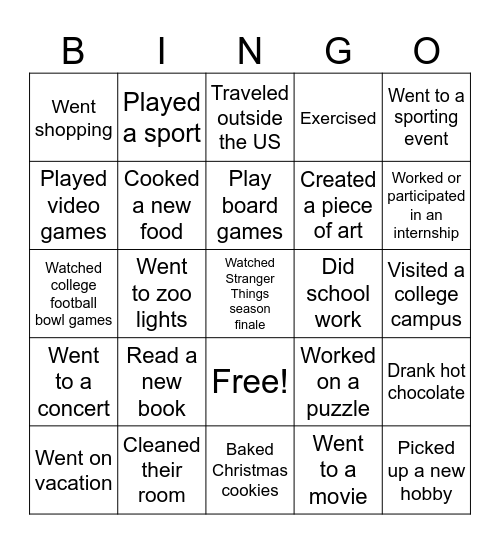 Winter Break Bingo Card