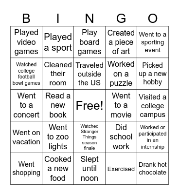 Winter Break Bingo Card