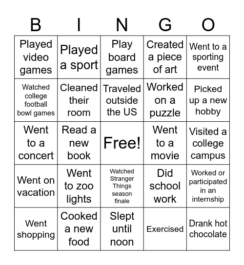 Winter Break Bingo Card