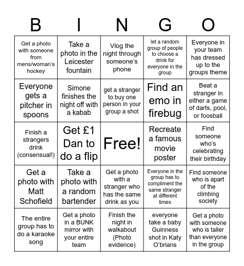 Bar Crawl Bingo Card