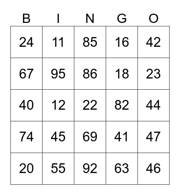 French 2 Big Numbers Bingo Card
