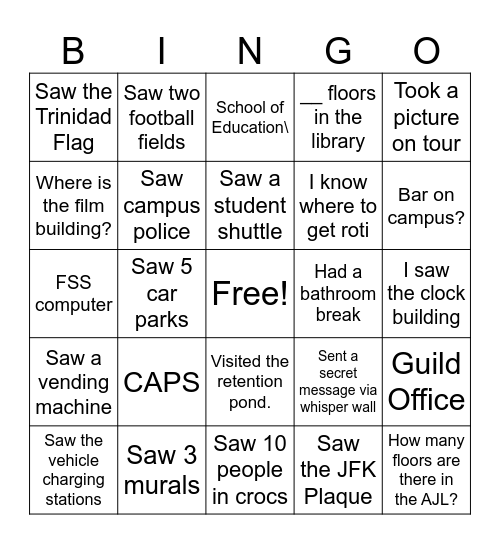 UWI Campus Tour Bingo Card