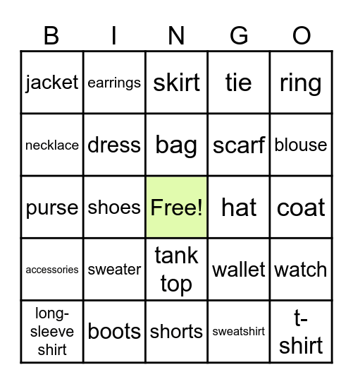 Clothing Bingo Card