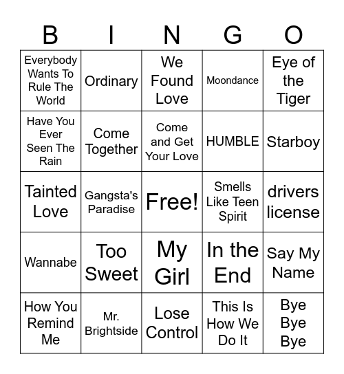Name That Tune! Bingo Card