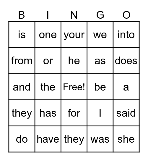 Tricky words Bingo Card