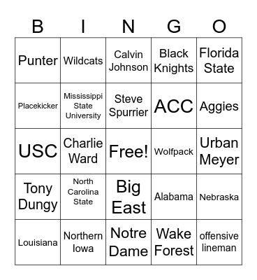 College Football Bingo Card