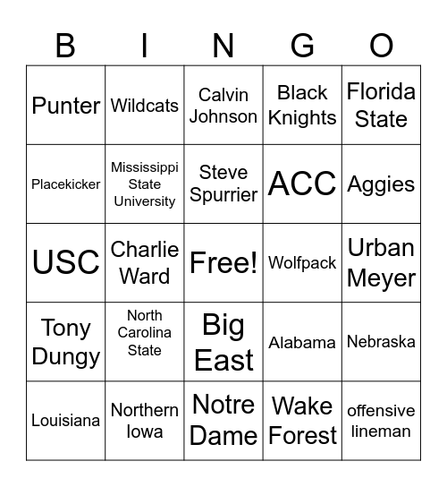 College Football Bingo Card