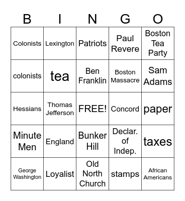 AMERICAN REVOLUTION Bingo Card