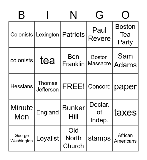 AMERICAN REVOLUTION Bingo Card