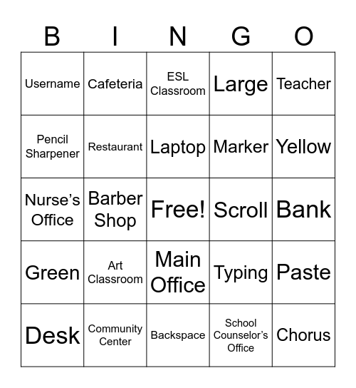 Vocabulary Bingo Card
