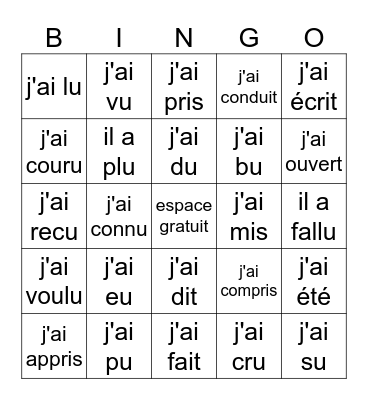 Irregular Past Participles (avoir verbs) Bingo Card