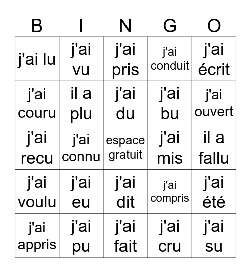 Irregular Past Participles (avoir verbs) Bingo Card