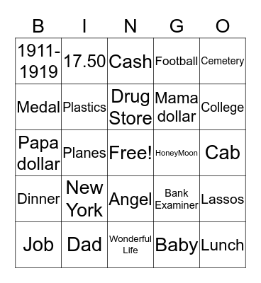 It's a Wonderful Life Bingo Card