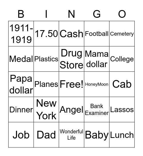 It's a Wonderful Life Bingo Card
