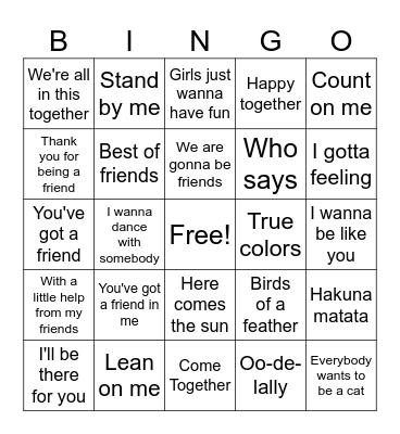 Friendship Bingo Card