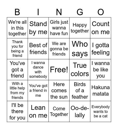 Friendship Bingo Card