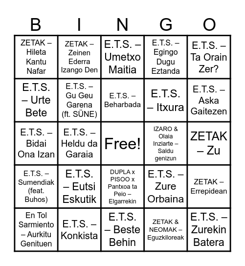 Bingo musikatua Bingo Card