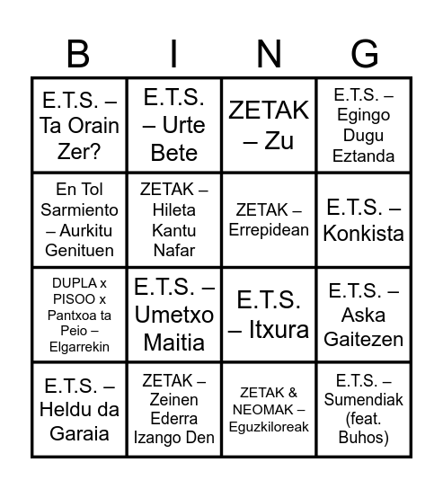 Bingo musikatua Bingo Card