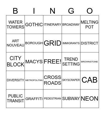 NEW YORK CITY Bingo Card