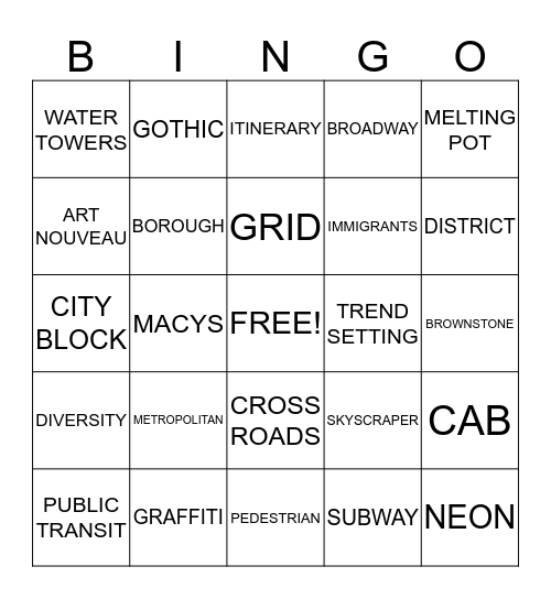 NEW YORK CITY Bingo Card